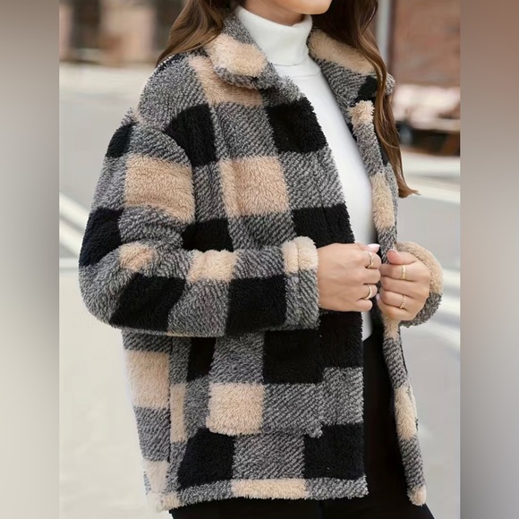 Plaid Print Patched Pockets Teddy Coat, Versatile Long Sleeve Single Breasted - Picture 2 of 5